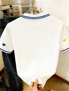 Heart Print Striped Trim Polo Neck Tee - Multicolor - View 2