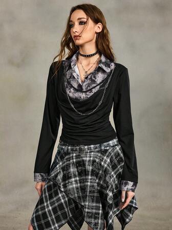 Grunge Punk Vintage Plaid Tie-Dye Draped Neck Long Sleeve Blouse For Women