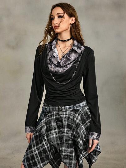 Grunge Punk Vintage Plaid Tie-Dye Draped Neck Long Sleeve Blouse For Women