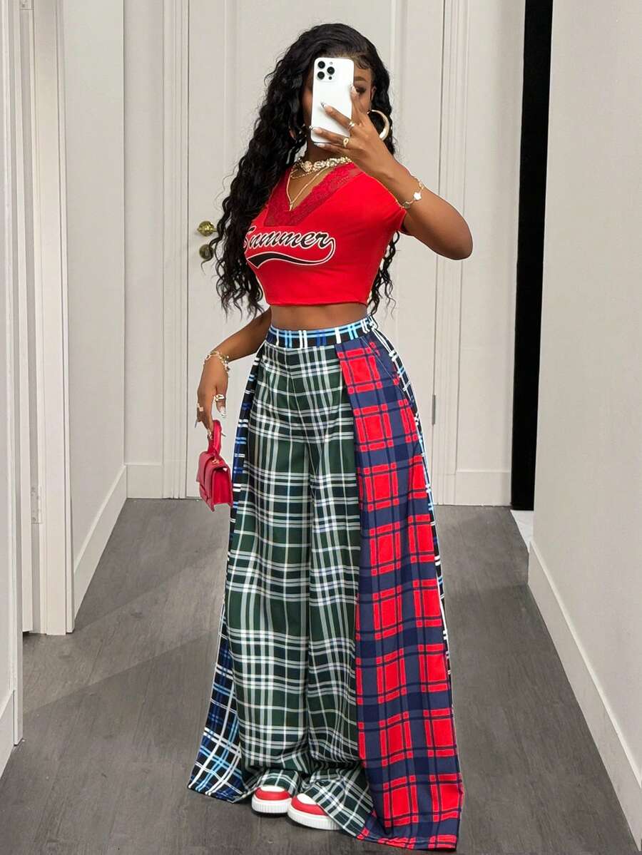 SHEIN BamGlam 女士时尚休闲高腰褶裥阔腿裤，彩色拼接印花，舒适夏季度假之选 - 彩色 - 查看 1