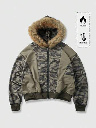 Men's Casual Fashion Street Camo Print Zip-Up Patchwork Faux Fur Hooded Sweatshirt, Autumn/Winter