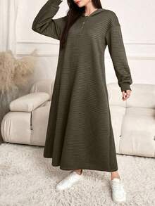 Modelyn Plus Size Women Textured Pink Hooded Dress - Army Green - View 5