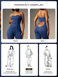 Denimoi 心形镂空露肩喇叭牛仔连体裤 - 中等水洗藍 - 查看 7