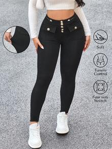 Flexra 女士金属纽扣口袋设计修身休闲百搭牛仔裤 - 黑色 - 查看 1