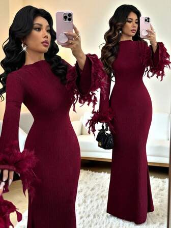 Rafferiza Women's Tight-Fitting Waist-Cinching Stretch Knitted Texture Slightly Flared Ostrich Wool Decorated Sleeves, Tight-Fitting Waist-Cinching A-Line Wine Red Dress, Romantic Valentine's Day,Fashionable And Elegant, It Is Suitable For Daily Wear, Weddings, Banquets, Daily Commutes, Graduation Parties, Festival Events Long Sleeve Elegant Dress Bodycon Maxi Dress Women  Church Dress For Women