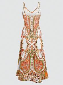 Breezaya 全身印花吊带连衣裙，适合夏季超长度假海滩装女士 - 橘色 - 查看 2