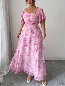 Modelyn Women's Chiffon Butterfly Printed Batwing Short Sleeve Pleated Sweet French Style Summer Dress - Pink - View 7