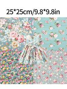 8片绿色花卉植物图案布料，适用于DIY缝纫、连衣裙、拼贴画、手工缝纫和拼布。 - 藍色 - 查看 8