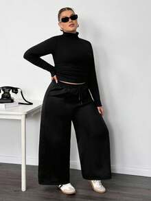 Truni Plus Size Solid Color Turtleneck T-Shirt And Pants 2 Pieces Set, Casual For Autumn/Winter/Autumn /Winter - Black - View 7