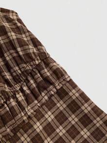 Sweetra Plaid Puff Sleeve Waist Cinched Mini Dress, Chic Style - Brown - View 4