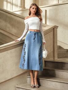 Selenza Women's Hollow Flower Embroidered Denim Mini Skirt - Medium Wash - View 5