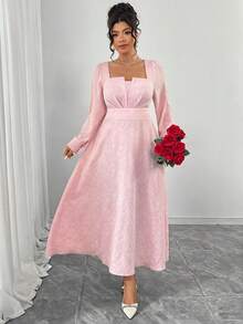 Elenzga Vestido Vermelho de Manga Longa Estilo A-Line para Mulheres Plus Size, Elegante Decote Quadrado com Busto Plissado 3D, Cintura Marcada, Mangas Bufantes, Namorada Sofisticada e Romântica, Festa do Dia dos Namorados, Ano Novo, Vestido Longo Rosa Plus Size