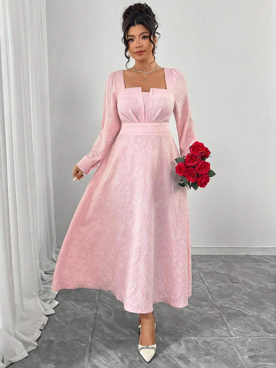 Elenzga Vestido Vermelho de Manga Longa Estilo A-Line para Mulheres Plus Size, Elegante Decote Quadrado com Busto Plissado 3D, Cintura Marcada, Mangas Bufantes, Namorada Sofisticada e Romântica, Festa do Dia dos Namorados, Ano Novo, Vestido Longo Rosa Plus Size