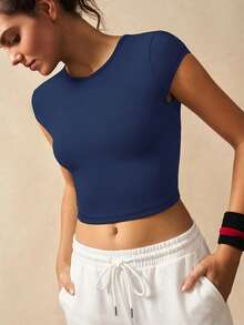 VARSIVA 女士简约高弹力系带露背修身短款运动T恤，夏季 - 藏蓝色 - 查看 5