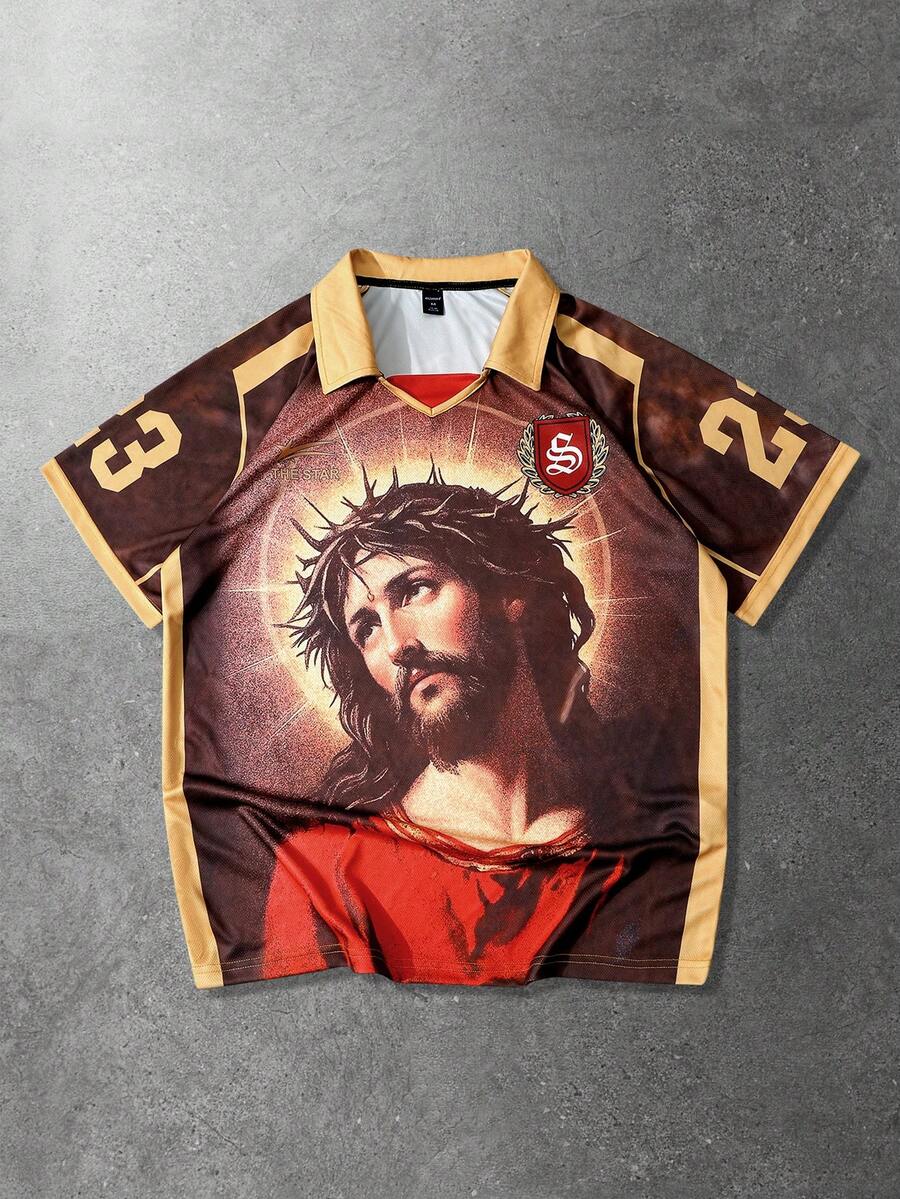 ROMWE MEN Prep Men's Polo Shirt, Casual Sports Sakura & English Text Graphic Print Short Sleeve Polo Shirt - Coffee Brown - View 1