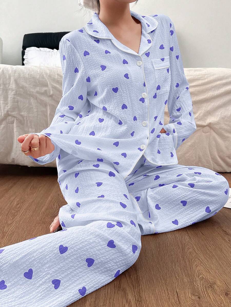 Dream Adore 女士泡泡褶皱爱心印花家居服套装,适合室内外穿着 - 藍色 - 查看 1