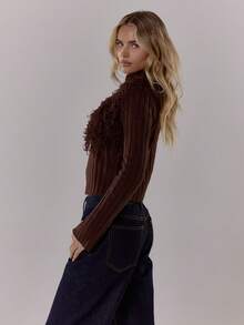 MUSERA 高领拉链厚罗纹针织毛衣，正面饰有毛茸茸的流苏，街头风，优雅休闲，性感外出，太妃糖色别致 - 巧克力棕 - 查看 4