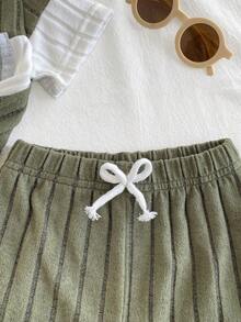 SHEIN Bộ đồ 2 món cho bé trai/bé gái: áo thun gân màu xanh lá cây/trắng và quần xanh dương, trang phục thường ngày thoải mái, đa năng, dễ phối đồ cho mùa hè. - màu xanh lá - Xem 4