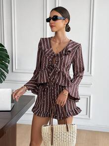 Serisse Women's Fashion Casual Ruffle Trim Top & Shorts 2 Pieces Set,Summer ,Spring Outfit Women ,Valentine's Day,Carnival, Beach , Party ,Wedding ,Elegant,Vacation, Casual Brown Two Piece Set Women Women Summer 2 Pieces Sets Short Sets For Women Vacation - Apricot - View 5
