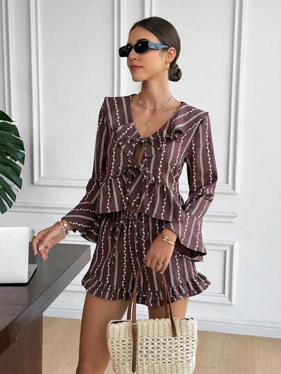 Serisse 女士时尚休闲荷叶边上衣和短裤两件套