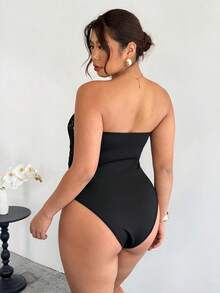 SHEIN Privé Frauen Große Größen Spitze modischer sexy Bandeau Bodysuit - Schwarz - Übersicht 6