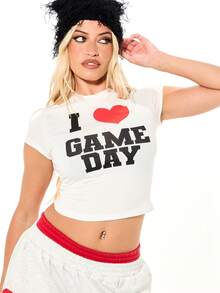 SUMWON WOMEN I Love Game Day Graphic Baby Tee Short Sleeve Crop Top With Red Heart Print - White - View 5