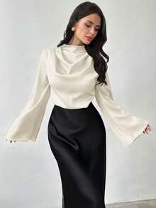 Firerie 女士优雅长袖衬衫/亮面上衣/仿丝缎衬衫/通勤衬衫/棕色衬衫/办公室/商务着装/新年造型/复古风衬衫/喇叭袖衬衫 - 米色 - 查看 8