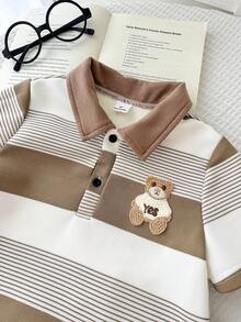 LMoss Kids LMoss   Young Boy Striped Print Short Sleeve Polo Shirt And Solid Color Shorts Set - Multicolor - View 3