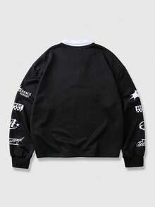 ROMWE MEN Prep Men's Minimalist Print Long Sleeve Polo Shirt - Black - View 2