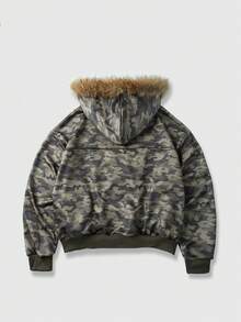 ROMWE MEN 男士休闲时尚街头迷彩印花拉链拼接仿毛皮连帽卫衣，秋冬款 - 軍綠色 - 查看 2