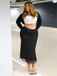 MelDlgn Jupe fishtail en résille à taille haute avec empiècement en dentelle de couleur noire unie pour femme grande taille - Noir - Voir 4