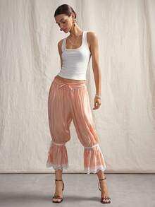 Sweetina 蕾丝拼接松紧腰宽松灯笼裤 - 粉色 - 查看 5