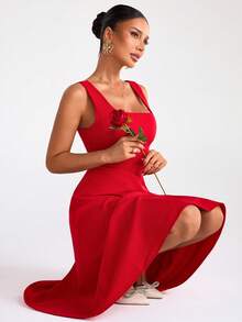 EURMUSE Robe mi-longue à encolure carrée sans manches, buste ajusté avec ourlet évasé, lignes épurées, silhouette minimaliste, style élégant du jour au soir, Saint-Valentin - Rouge - Voir 2