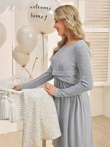 SHEIN Maternity Wrap Front 2-In-1 Long Sleeve Nursing Dress - Grey - View 5