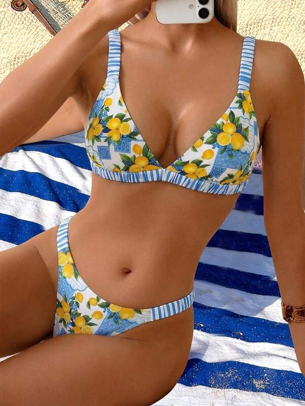 Swim Mod Women's Casual Vacation Beach Fruit Print Bikini Swimsuit 2 Pieces Set