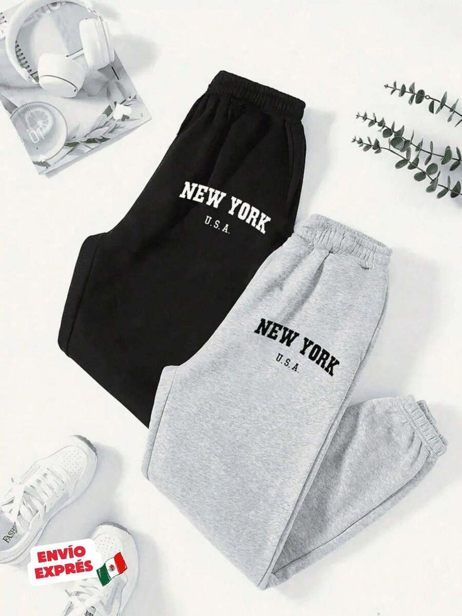 Conjunto de 2 piezas de pantalones tipo joggers para niños preadolecentes con interior de Felpa. Dos Pantalones de chándal para niños de 8 a 12 años con gráfico de ciudades, New York conjunto deportivo para otoño/invierno. Pants con resorte para jovenes, gráfico de Nueva York con cintura elástica, cómodos, calientes y casuales, de tela suave, para estilo deportivo al aire libre, ropa casual infantil, set de pants para niña, ropa cómoda para niñas. - Negro y Gris - Ver 1