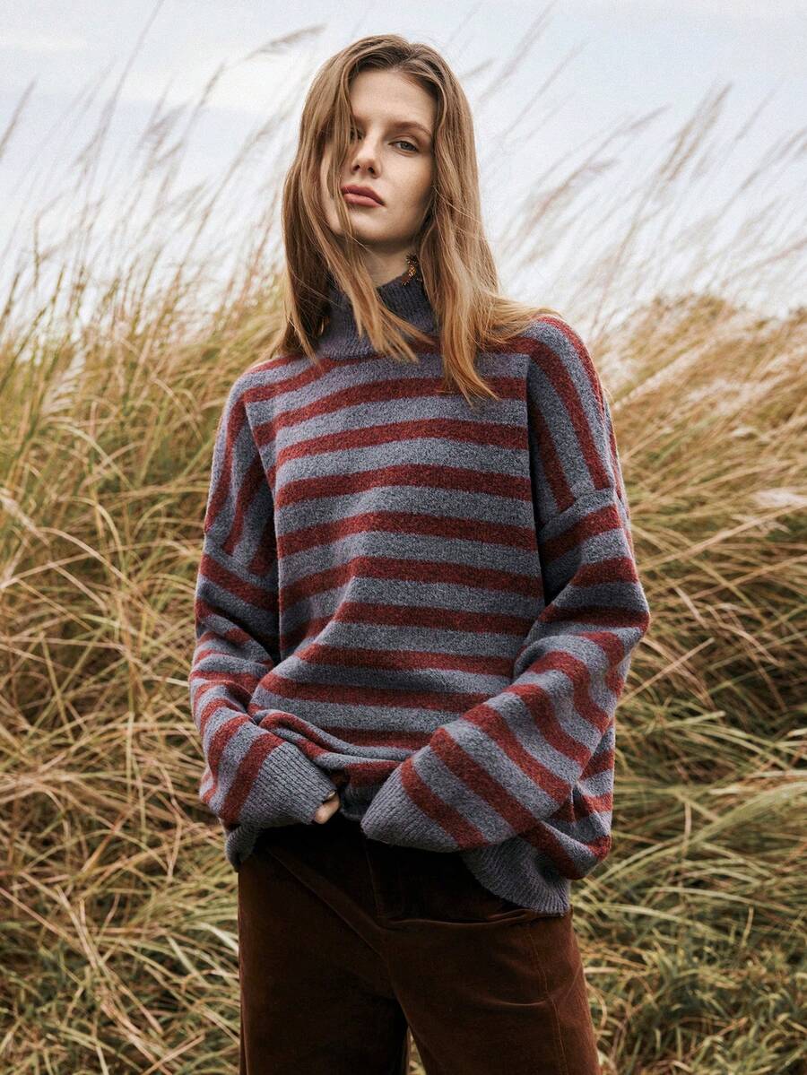 Florisole Sweater Lengan Panjang Kerah Tinggi Bergaris Blok Warna, Pakaian Rajut Musim Gugur/Dingin - Grey - View 1