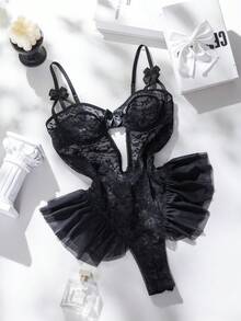 SHEIN 蝴蝶蕾丝网纱荷叶边钢圈连体衣，性感透视女款