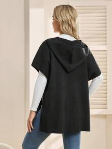 SHEIN Chaleco de maternidad, corte holgado, diseño con capucha con cremallera, bajo con abertura y mangas de murciélago, para uso casual diario - Negro - Ver 2