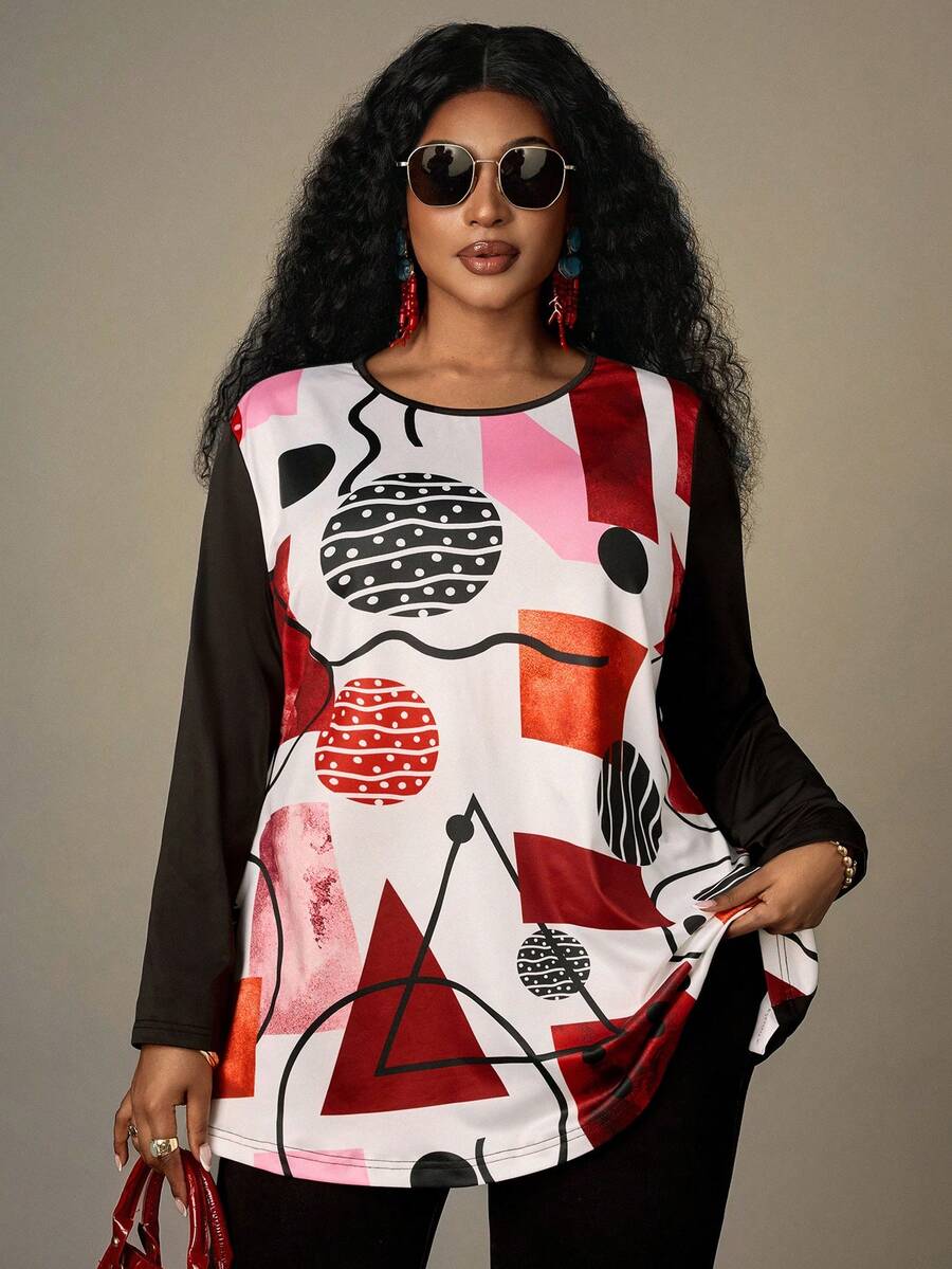 EMERY ROSE Camiseta de manga larga con cuello redondo y estampado para mujer de talla grande - Negro - Ver 1