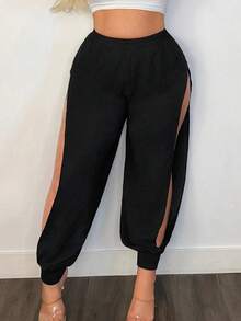 SHEIN SXY 高腰網眼插入褲 - 黑色 - 查看 1