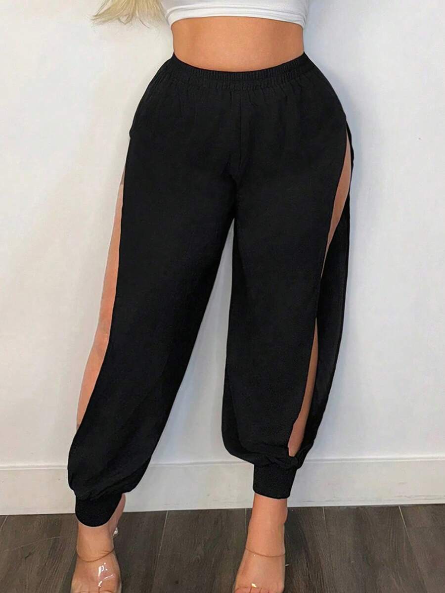 SHEIN SXY 高腰網眼插入褲 - 黑色 - 查看 1