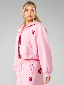 Missguided x Playboy Áo hoodie dáng rộng, khóa kéo, điểm nhấn là họa tiết trái tim và logo thỏ, thích hợp cho phong cách thời trang đường phố thường ngày. - Hồng - Xem 5