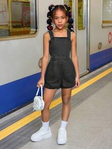 SHEIN 少女夏季海滩波西米亚风酷炫街头风水洗连体裤，交叉露背设计，少女夏季海滩波西米亚风度假装，返校街头风穿搭，少女演唱会锐舞休闲装 - 深灰色 - 查看 3