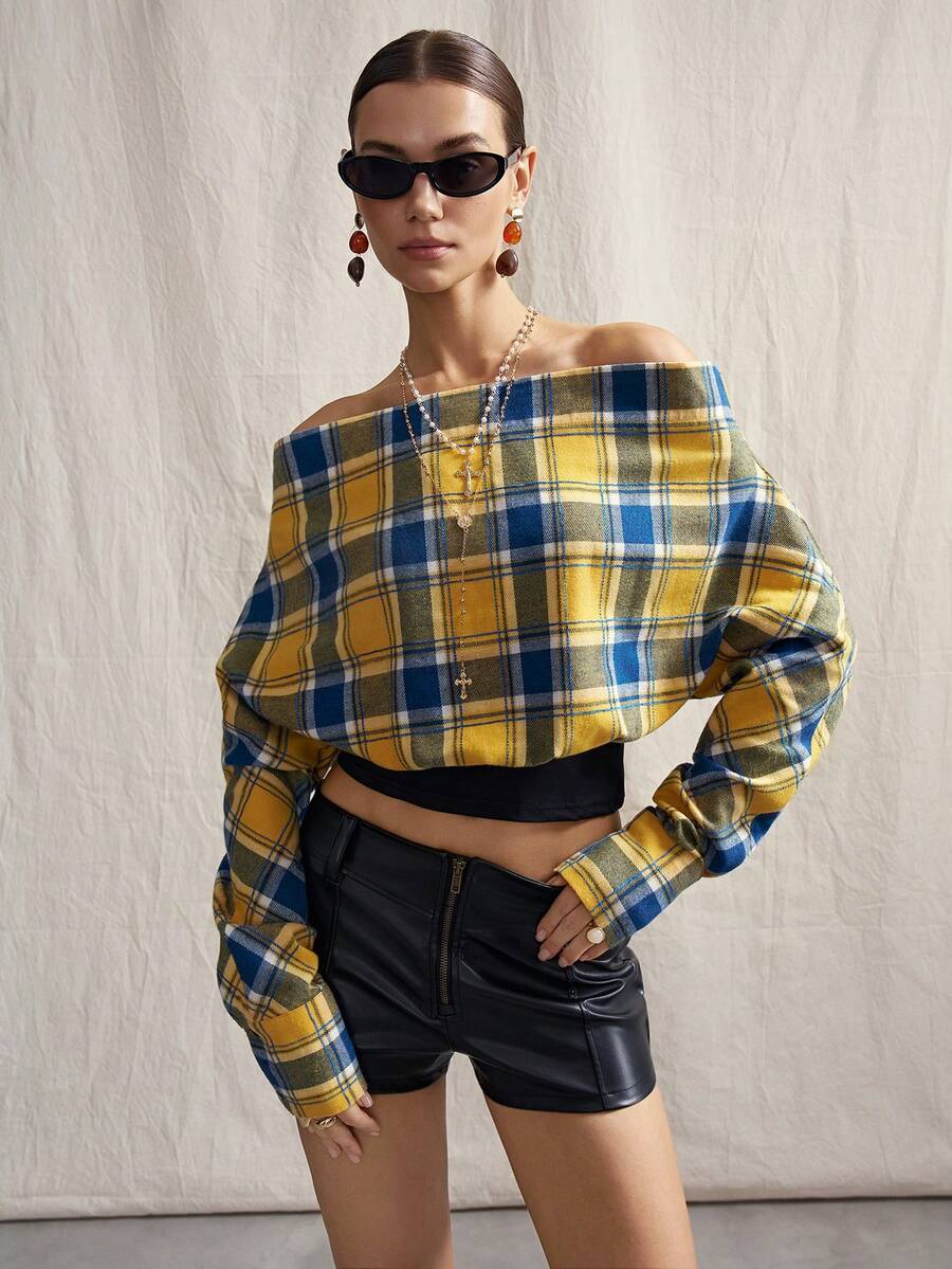 SHEIN ICON Áo sơ mi dài tay trễ vai kẻ caro ôm dáng - Nhiều màu - Xem 1