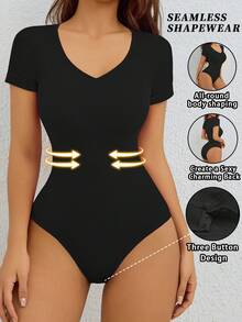 Women Casual Solid Color V-Neck T-Shirt Body Suit , Briefs With Buckle Design ,Ribbed Tummy Control Seamless Bodysuit - Black - View 2