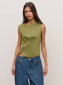 Nöista Sleeveless Flowing Top, Crew Neck And Asymmetric Closure Top With Silver Buttons. Spring Summer Casual - Green - View 4