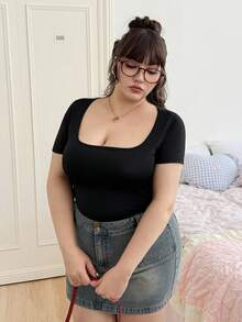 CovetEZ 大尺碼女士短袖連身緊身衣 - 黑色 - 查看 6