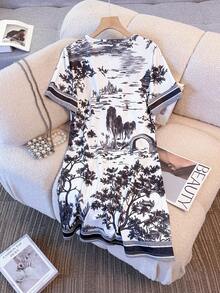 Resyla Women's 2026 Summer Chinese Style Landscape Print Dress White Crew Neck Short Sleeve A-Line Casual Midi Dress - Multicolor - View 2