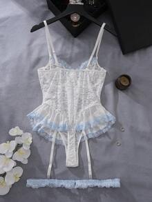 Conjunto de lencería de body con volantes de encaje romántico para mujer, 3 piezas para salir - Multicolor - Ver 2